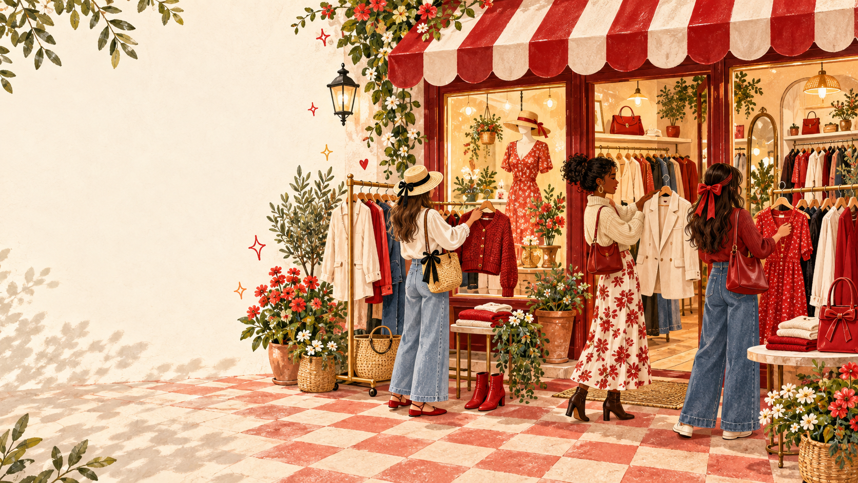 Illustrated Clothables boutique with shoppers exploring a red and cream fashion edit