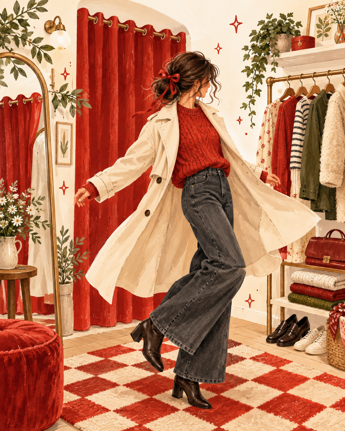 Illustrated fitting room fashion look with a red knit and cream coat