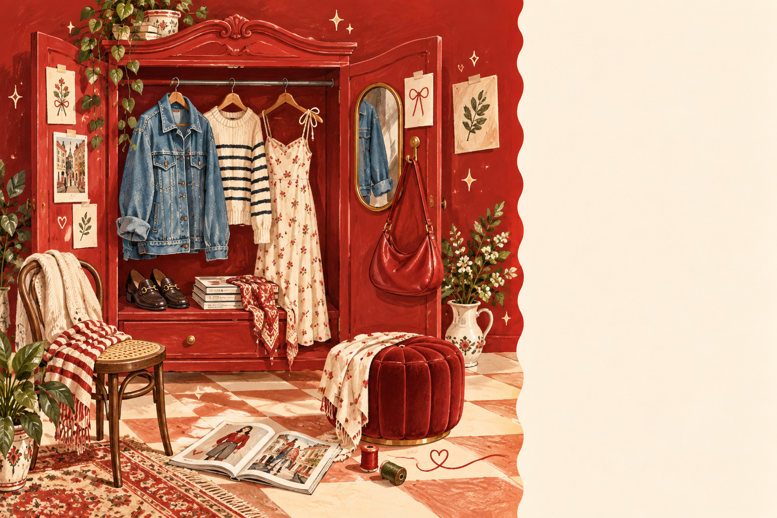 Illustrated red wardrobe filled with a curated clothing edit